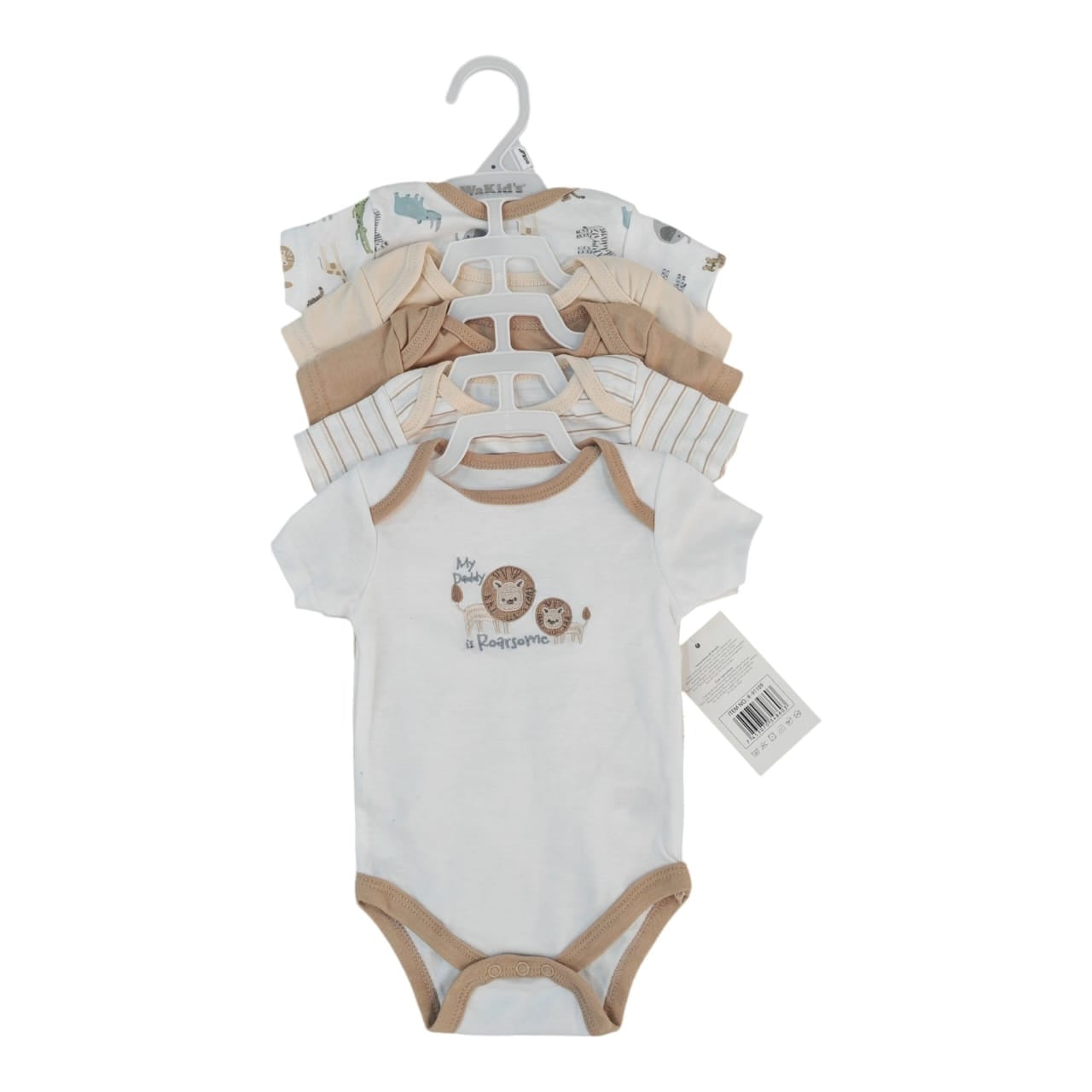 Set de 5 bodies de algodón Acüchichi para bebé en tonos tierra, beige y blanco con estampados de leones y rayas.