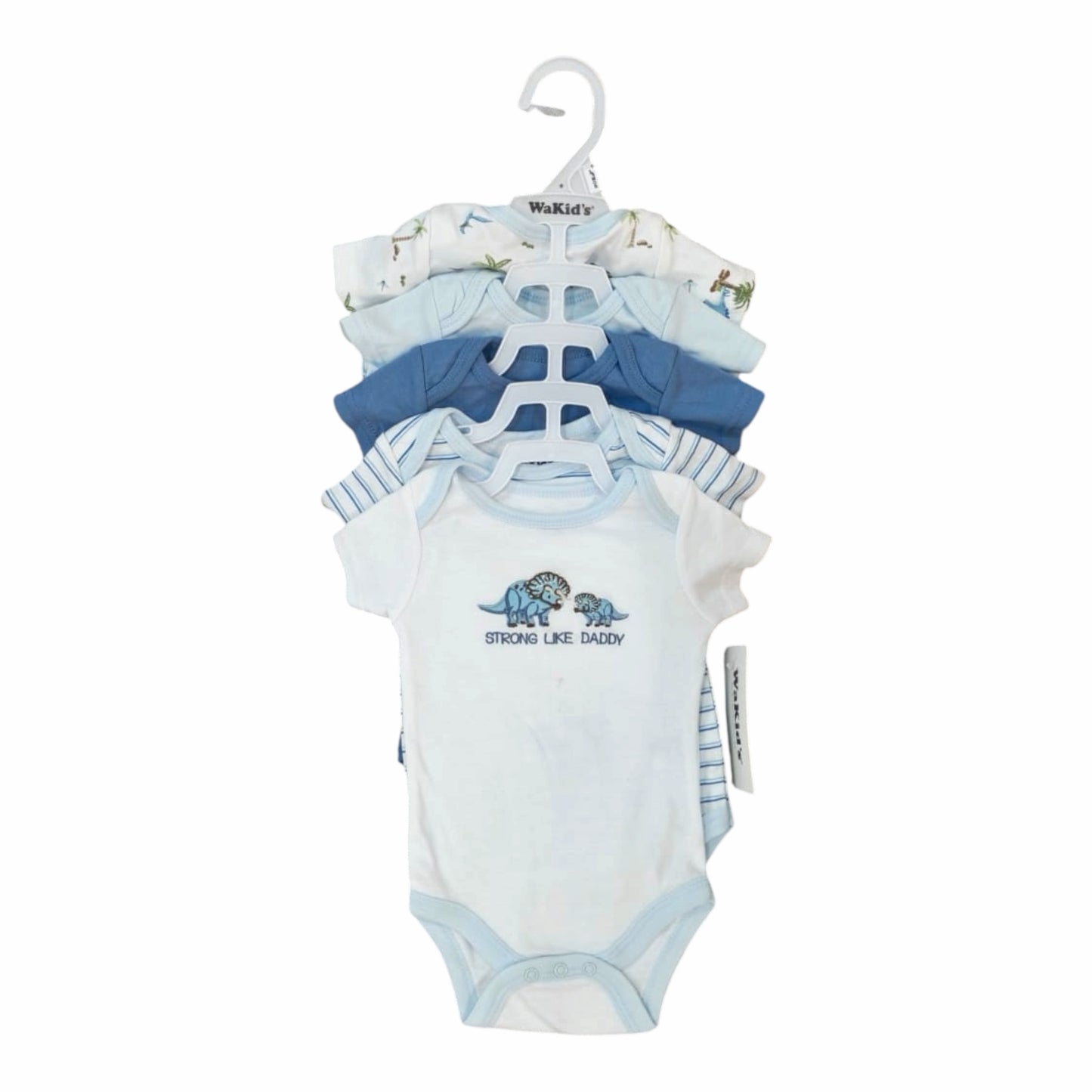 Set de 5 bodys de algodón Acüchichi para bebé en tonos azules con estampado de dinosaurios y frase Strong Like Daddy