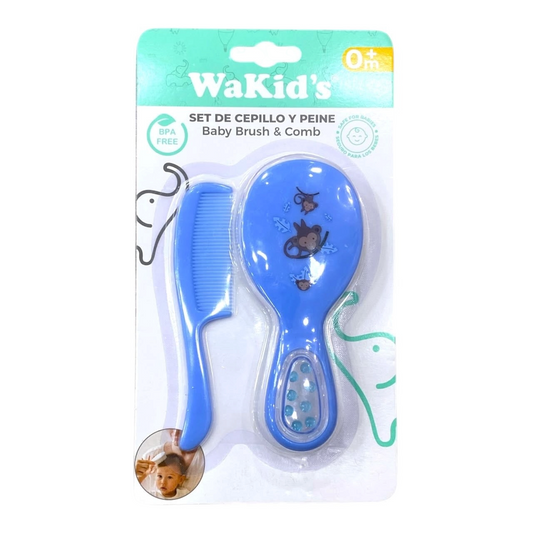 Set de cepillo y peine azul para bebés Acüchichi WaKid's con cerdas suaves y diseño ergonómico libre de BPA