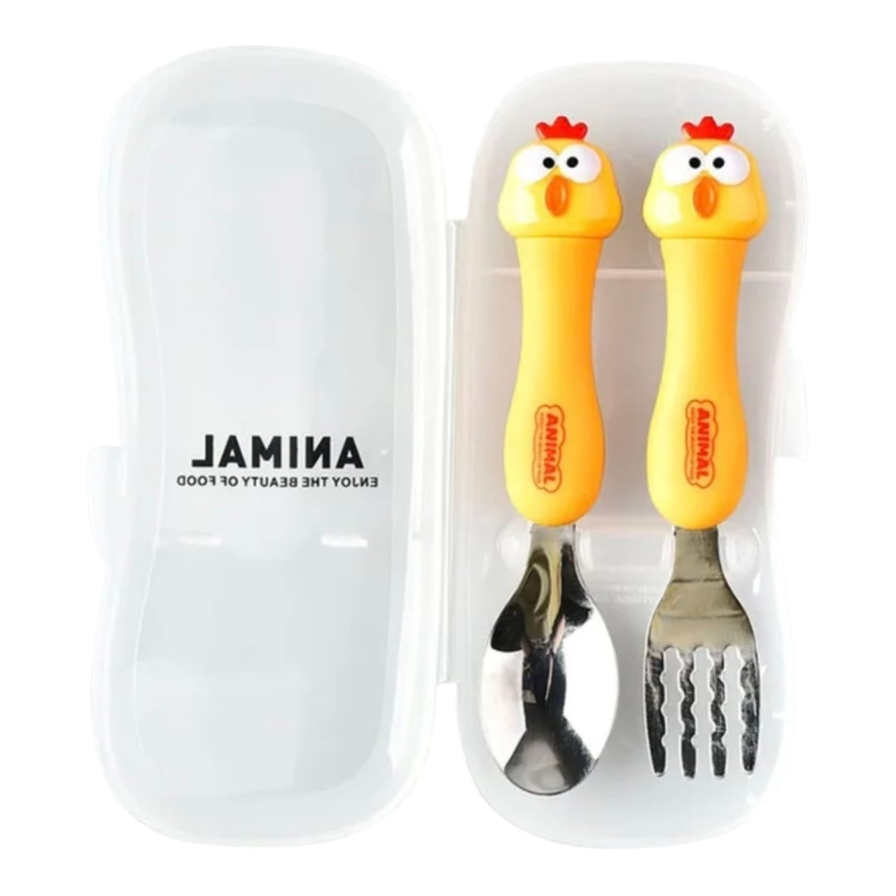 Set de cubiertos infantiles Acüchichi con tenedor y cuchara de acero inoxidable y mangos amarillos de pollito en estuche