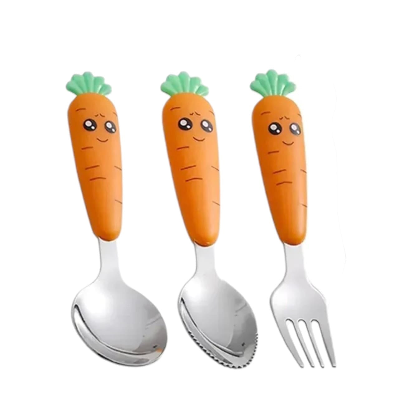 Set de cubiertos infantiles Acüchichi de acero inoxidable con mangos de silicona naranja en forma de zanahoria