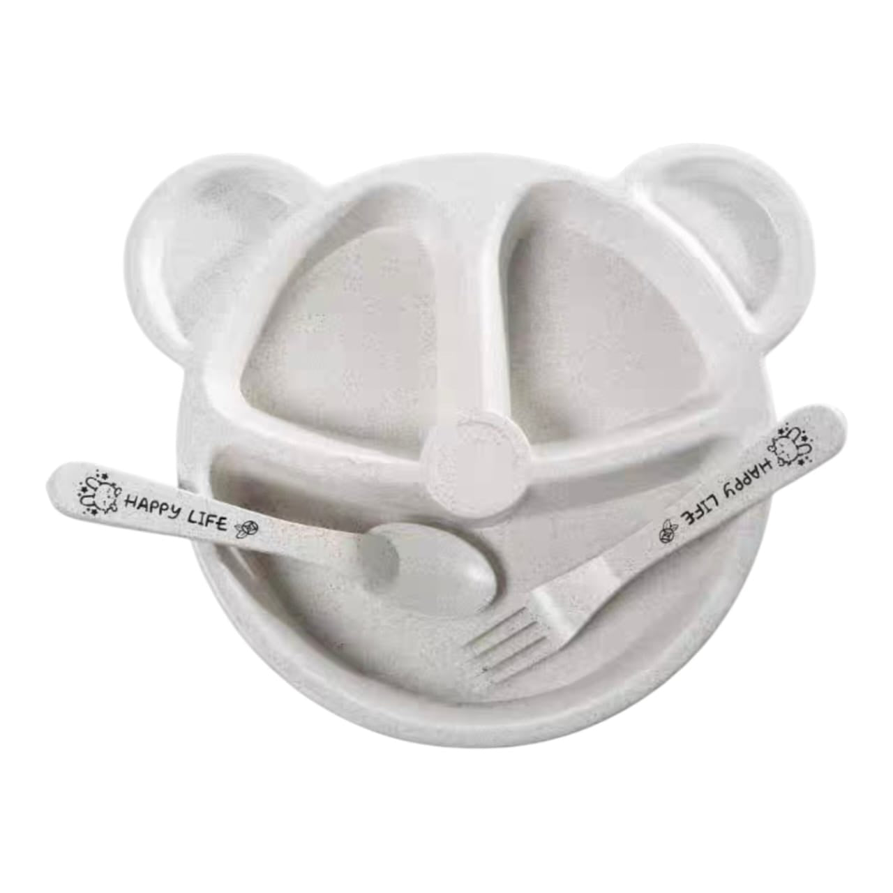Set de vajilla infantil Acüchichi con plato dividido en forma de osito, cuchara y tenedor en color beige suave.
