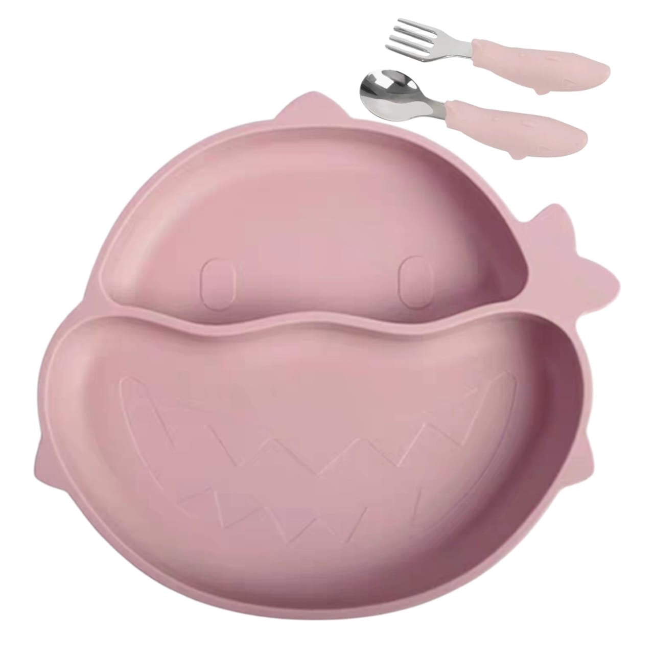 Set de alimentación Acüchichi de silicona rosa con plato dividido en forma de tiburón y cubiertos ergonómicos para bebé.