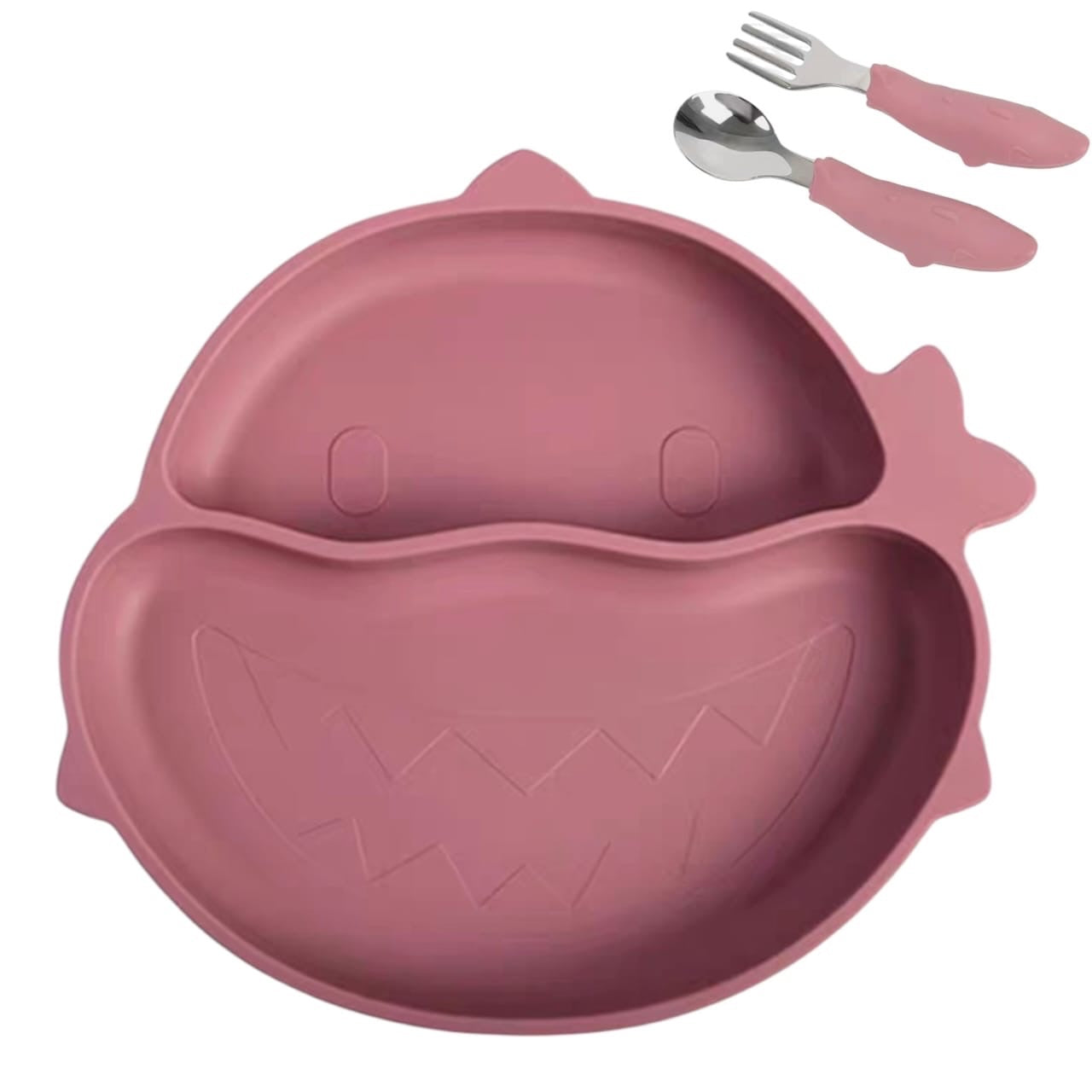 Set de alimentación Acüchichi de silicona rosa con plato dividido en forma de tiburón y cubiertos ergonómicos.