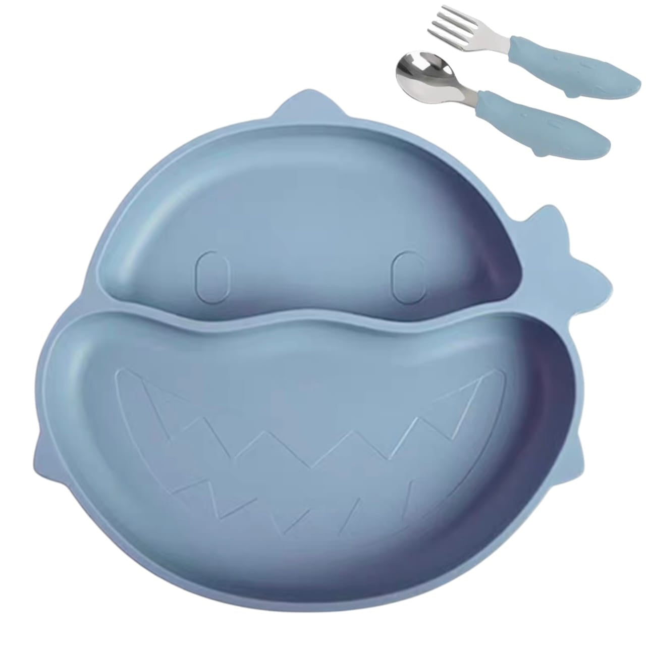 Set de alimentación Acüchichi de silicona azul con plato dividido en forma de tiburón y cubiertos ergonómicos para bebés.