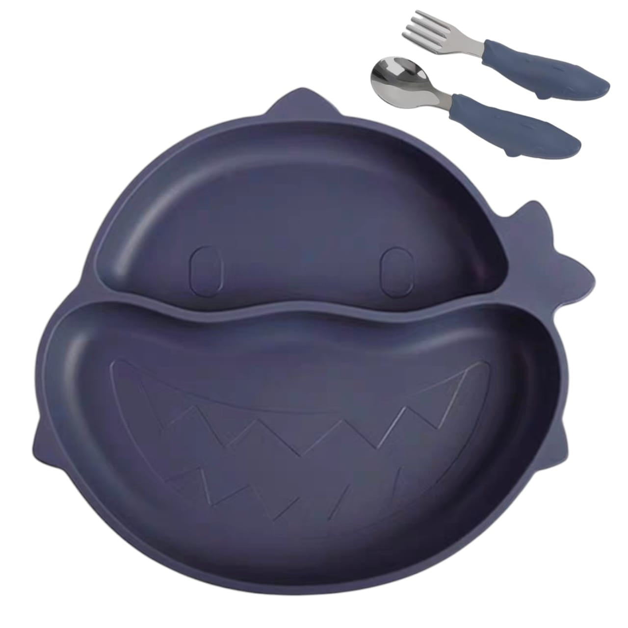 Set de alimentación Acüchichi de silicona azul con plato dividido en forma de tiburón y cubiertos ergonómicos.