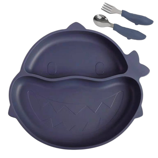 Set de alimentación Acüchichi de silicona azul con plato dividido en forma de tiburón y cubiertos ergonómicos.