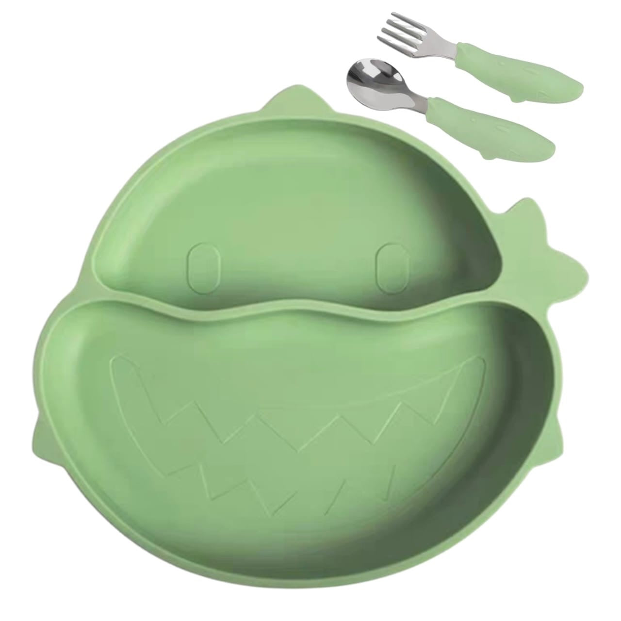 Set de alimentación Acüchichi de silicona verde con plato dividido en forma de tiburón, tenedor y cuchara ergonómicos.