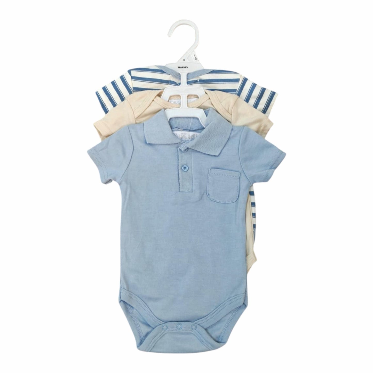 Set de tres bodies Acüchichi para bebé en tonos azul, beige y rayas, con cuello tipo polo y cierres a presión.