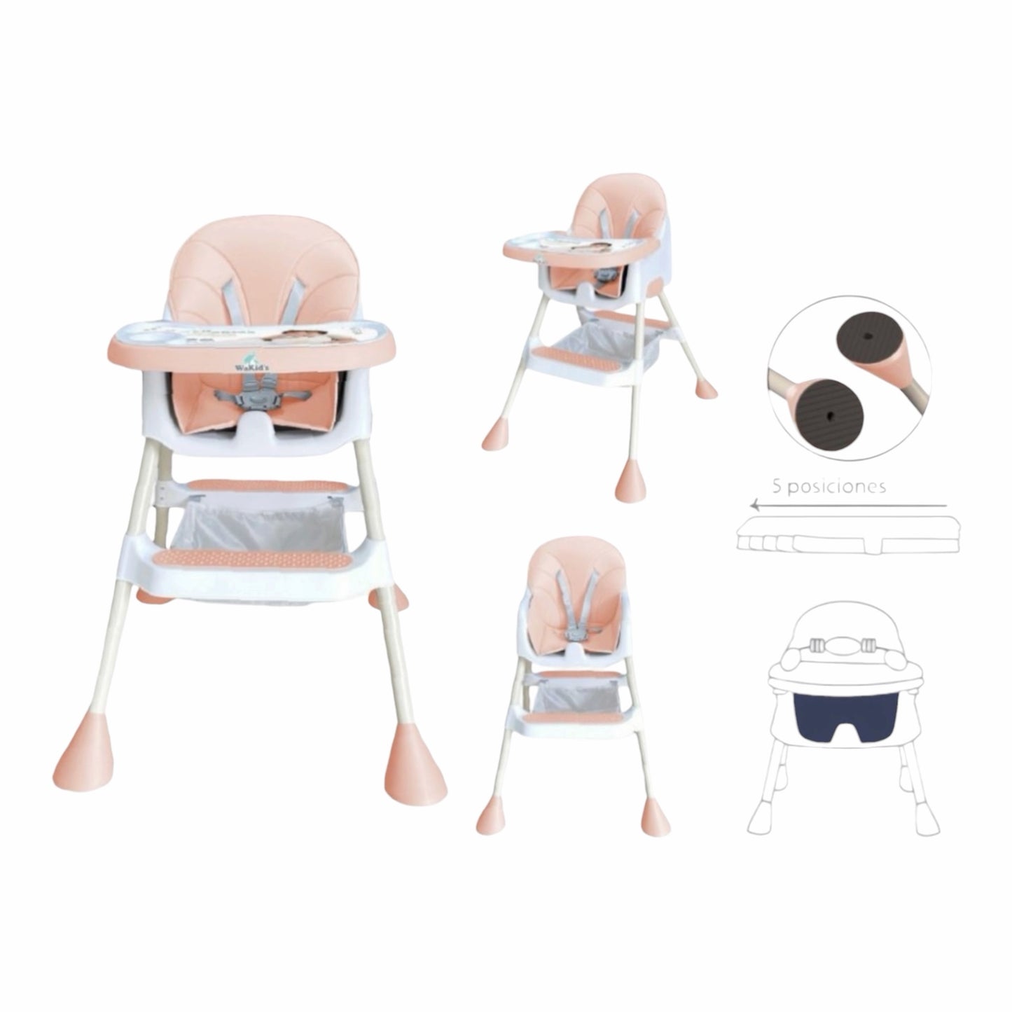 Silla alta ajustable Acüchichi para bebés en color rosa suave con bandeja extraíble y diseño ergonómico seguro.