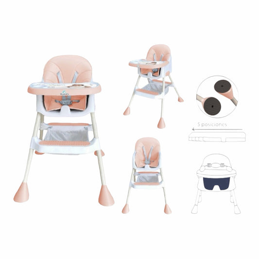 Silla alta ajustable Acüchichi para bebés en color rosa suave con bandeja extraíble y diseño ergonómico seguro.