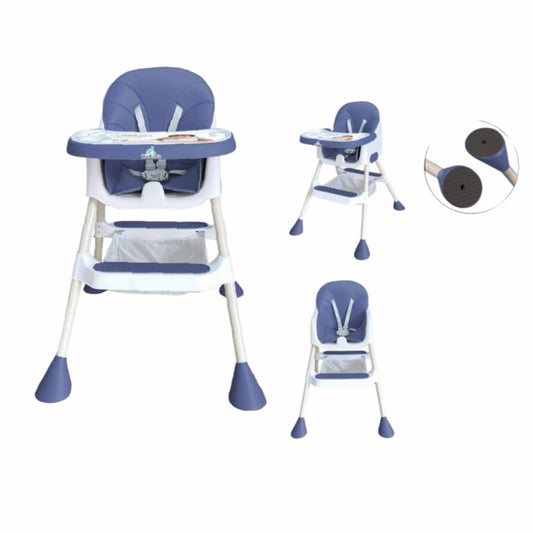 Silla alta Acüchichi azul y blanca para bebés con arnés de seguridad, bandeja extraíble y patas antideslizantes.