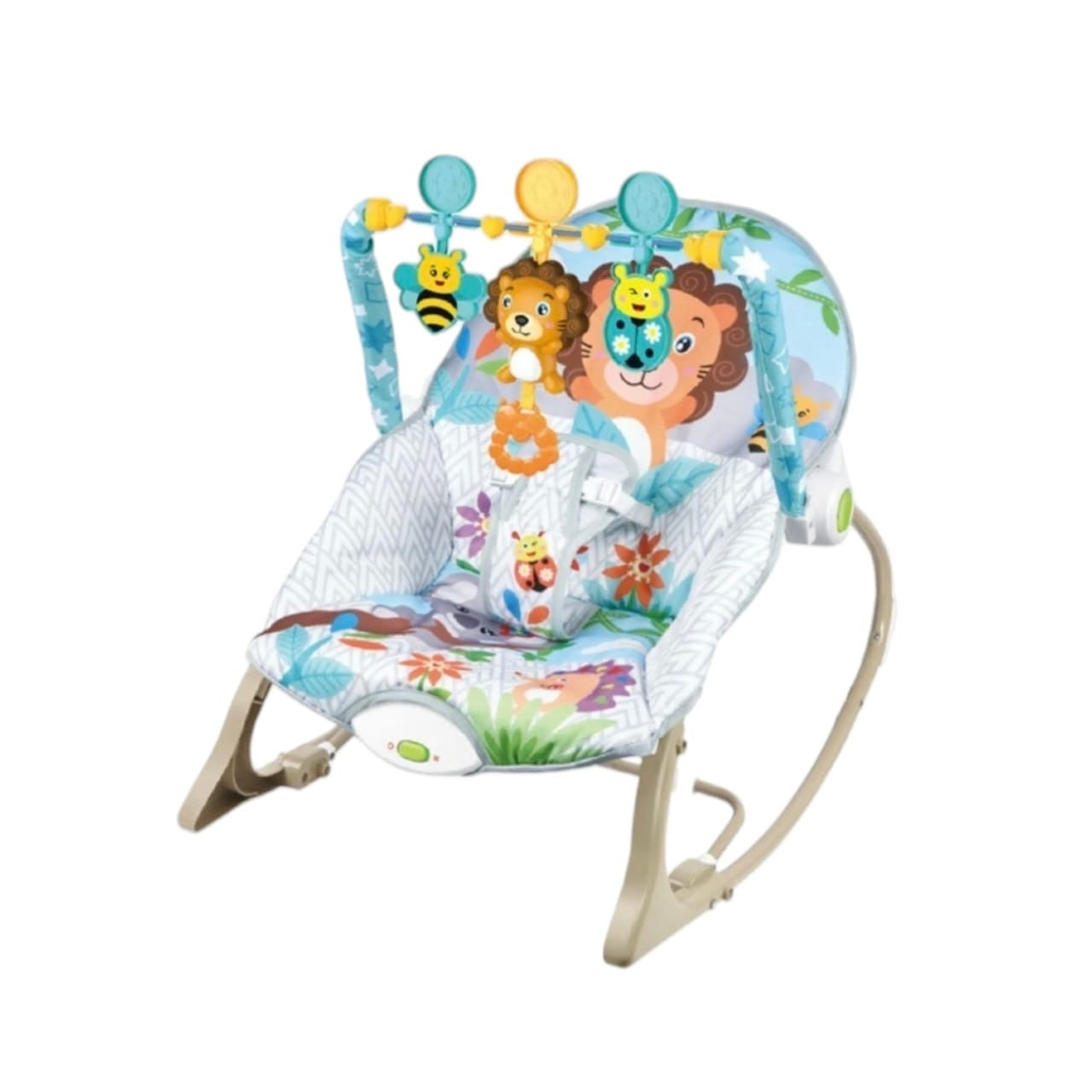 Silla mecedora infantil Acüchichi 3 en 1 con estampado de animales, barra de juguetes interactiva y asiento acolchado.
