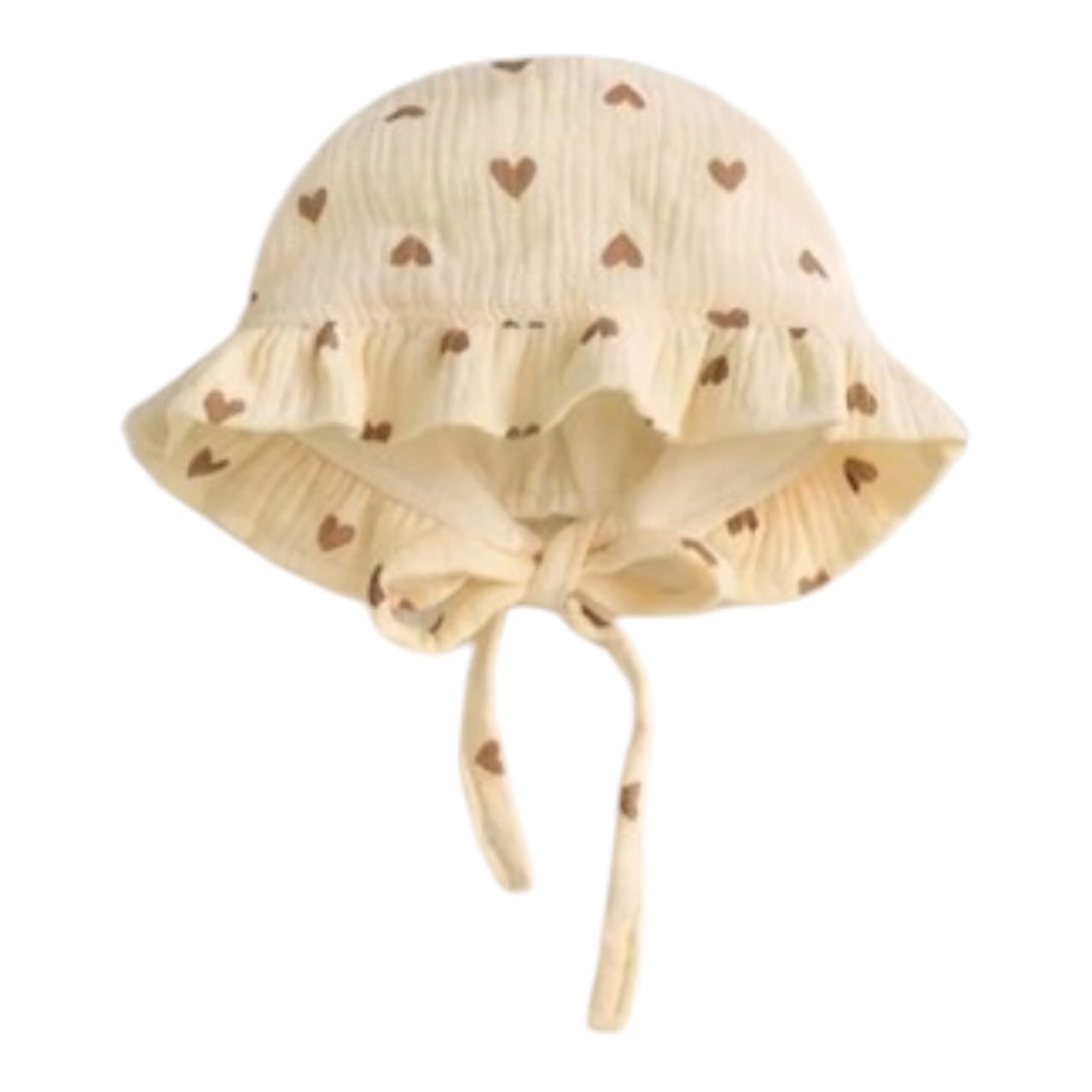 Sombrero de bebé Acüchichi de algodón color crema con estampado de corazones marrones, volantes y cintas ajustables.