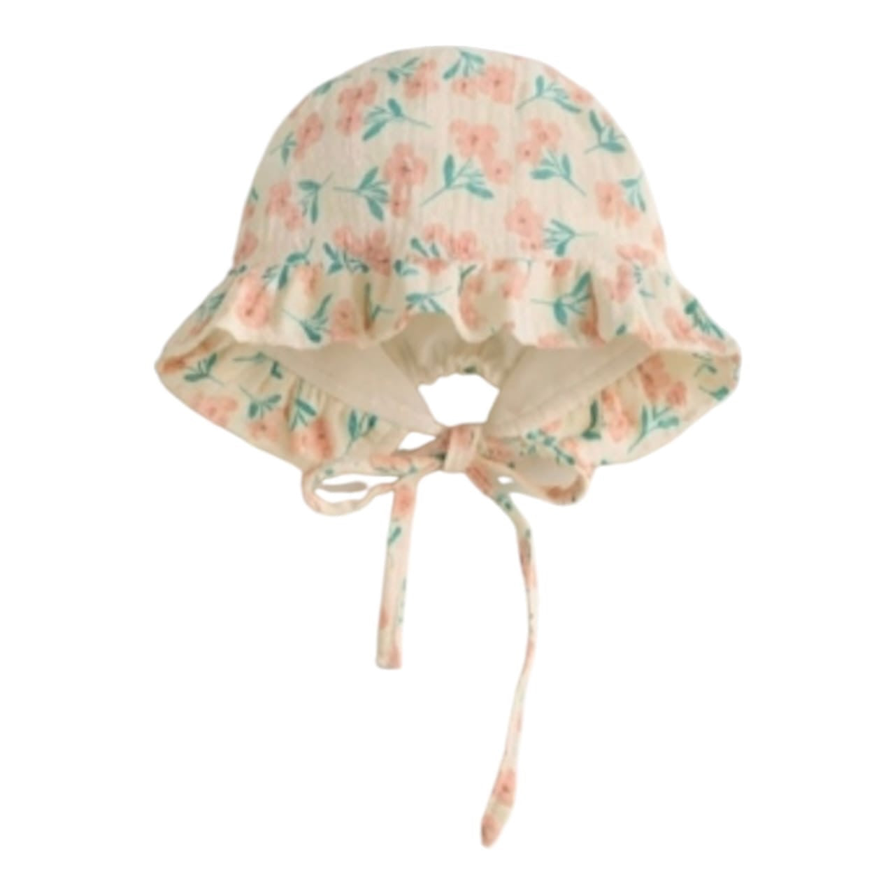 Sombrero tipo bonete Acüchichi para bebé de algodón crema con estampado floral rosa, volantes y cintas ajustables.
