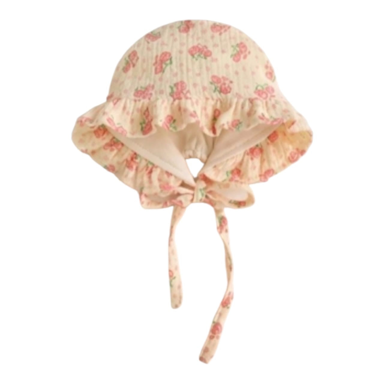 Sombrero tipo bonete Acüchichi para bebé en algodón color crema con estampado de flores rosas y borde con volantes.