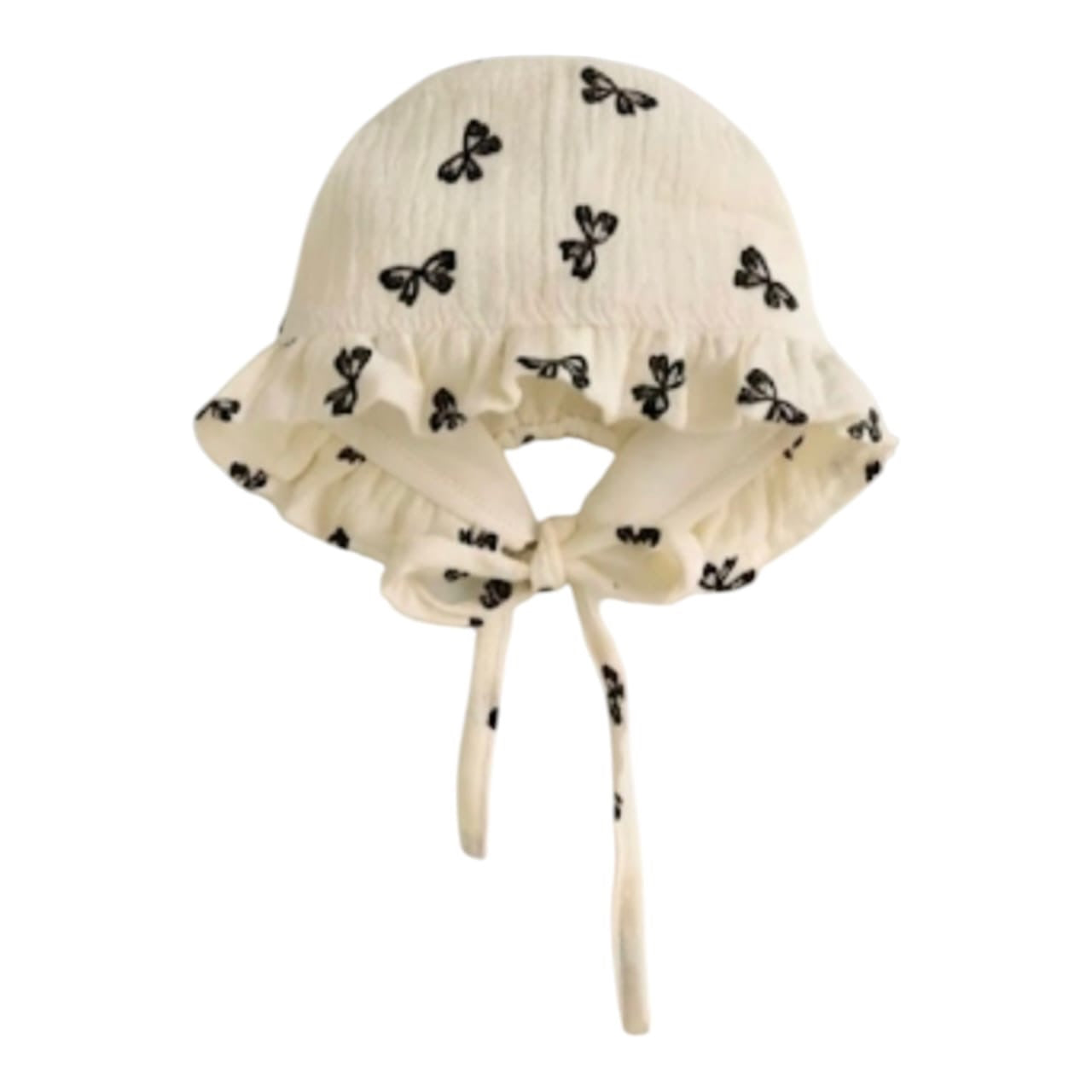 Sombrero tipo bonete Acüchichi de algodón color crema con estampado de lazos negros y borde de volantes con cintas