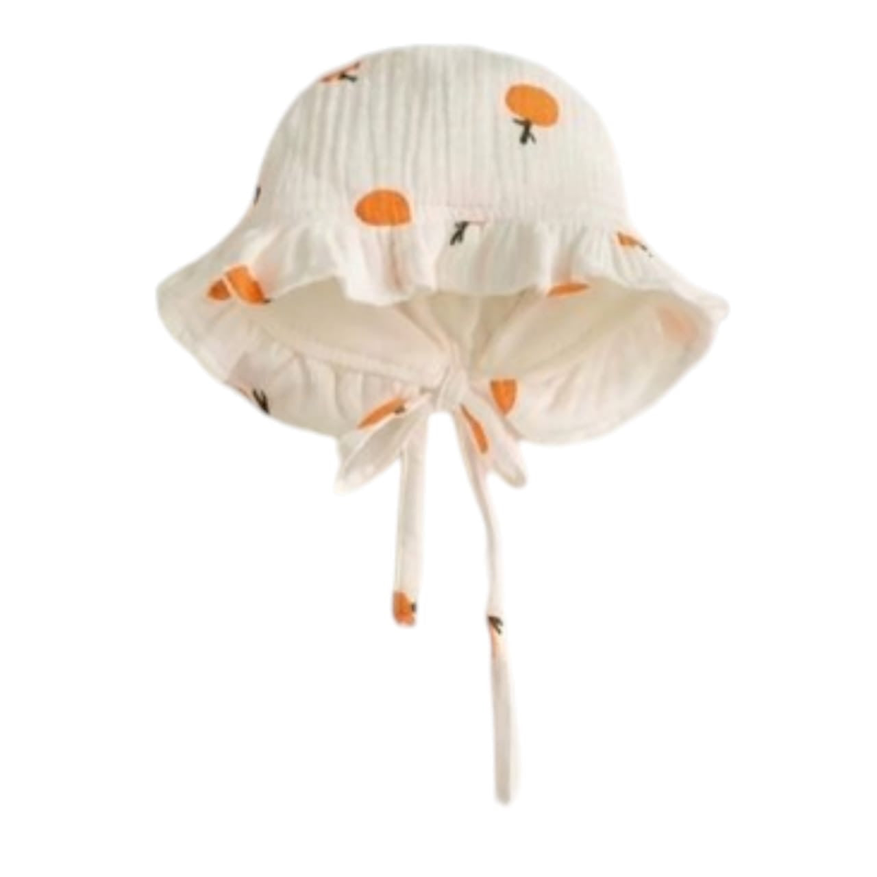 Sombrero de bebé Acüchichi de algodón blanco con estampado de naranjas, diseño tipo bonete con volantes y cintas
