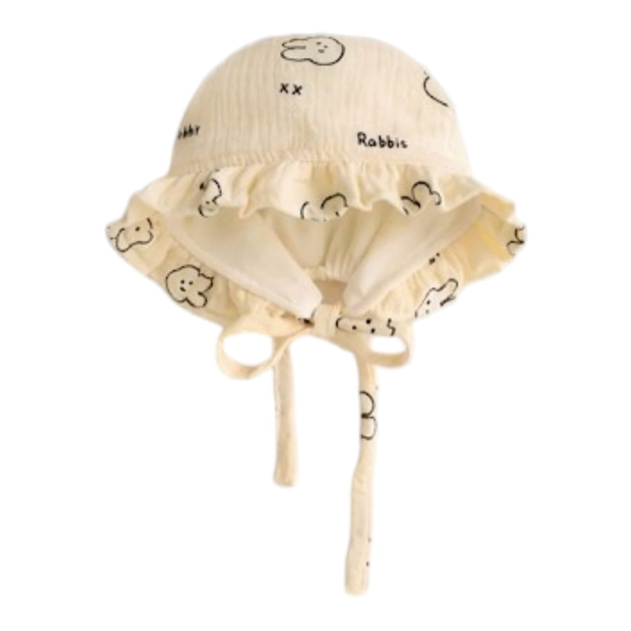 Sombrero de bebé Acüchichi color crema con estampado de conejitos, volantes decorativos y cintas ajustables de algodón.