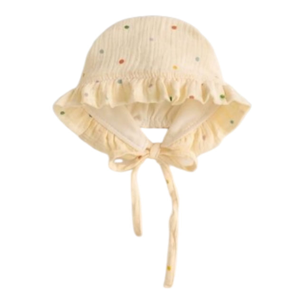 Sombrero tipo bonete Acüchichi para bebé en algodón color crema con lunares coloridos y borde de volantes