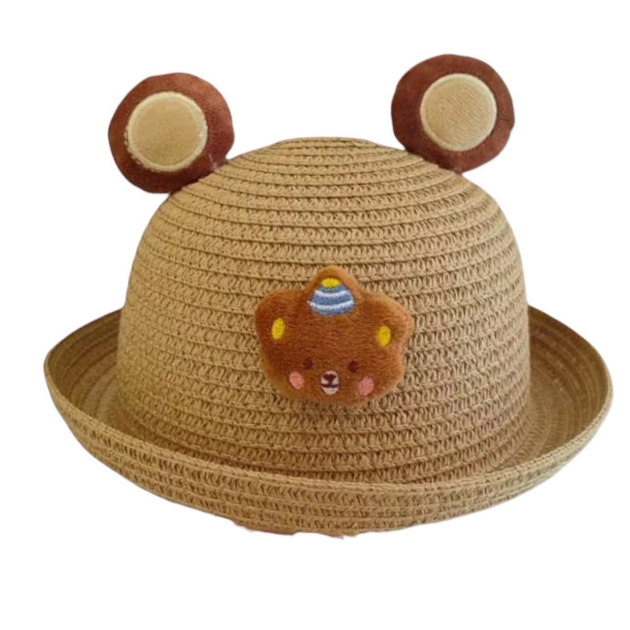 Sombrero de paja Acüchichi para niños en color natural con orejas de oso de peluche y aplique bordado frontal