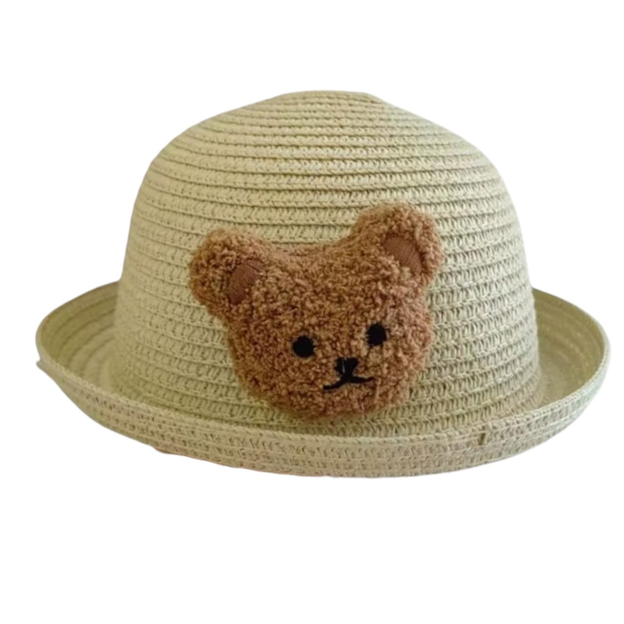 Sombrero de paja Acüchichi para niños en color natural con un aplique de osito de peluche bordado en el frente