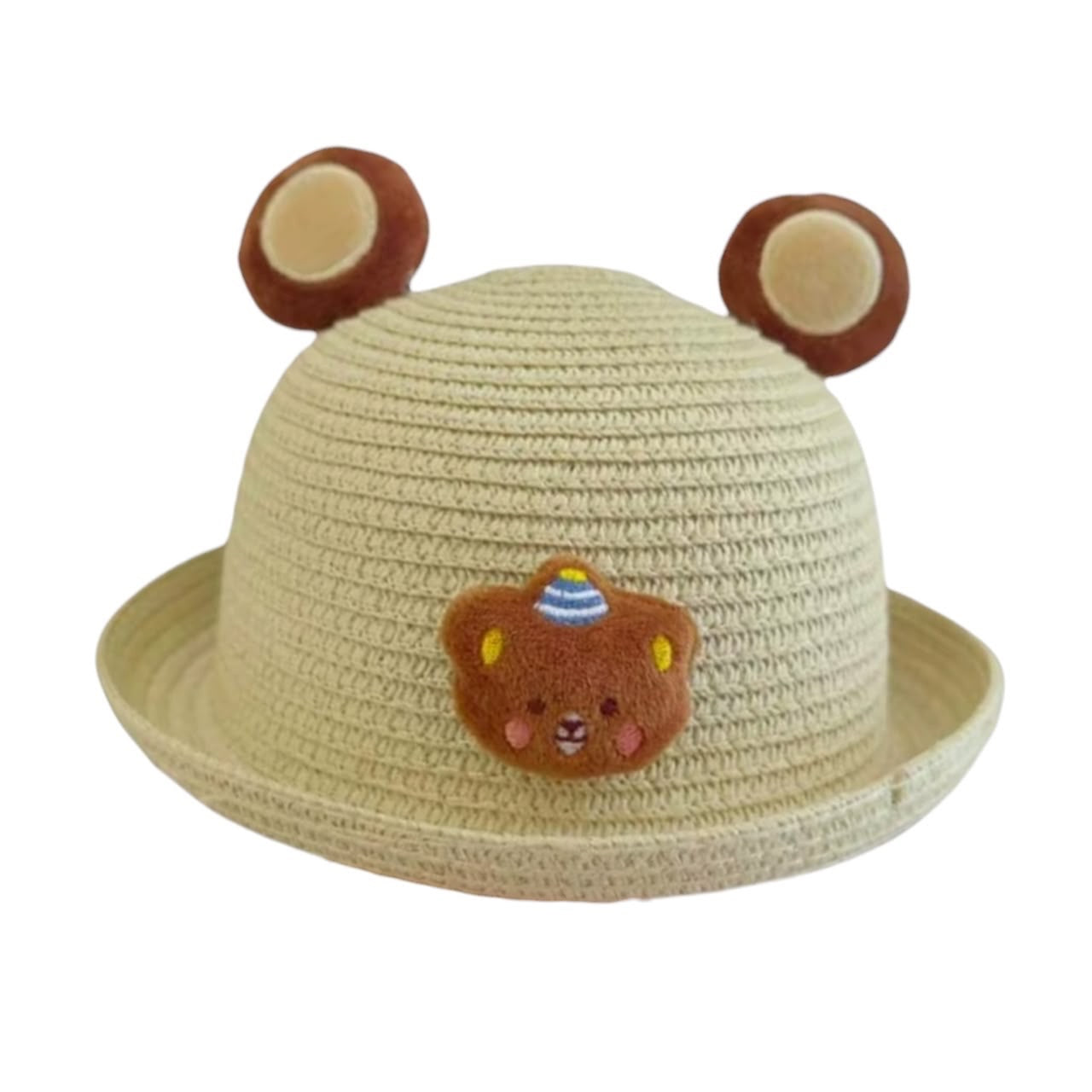 Sombrero de paja Acüchichi para niños en color natural con orejas de oso y aplique bordado de osito