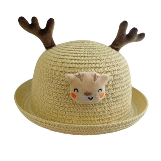 Sombrero de paja Acüchichi para niños en color beige con cuernos de reno y aplique de carita de animal en el frente.