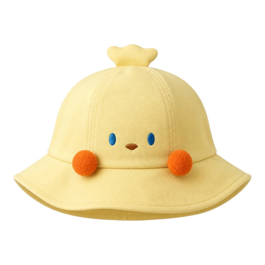 Sombrero de pescador Acüchichi amarillo para niños con cara bordada, detalles en azul y pompones naranjas