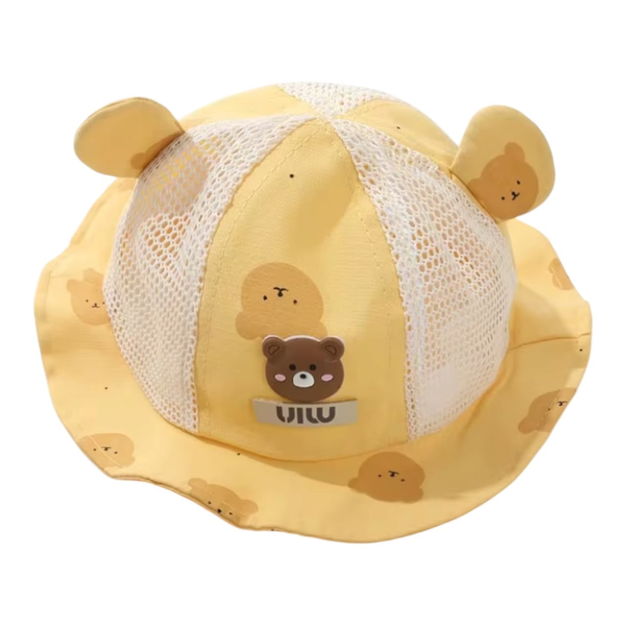 Sombrero de pescador Acüchichi para bebé en color amarillo con estampado de ositos, orejitas y paneles de malla.