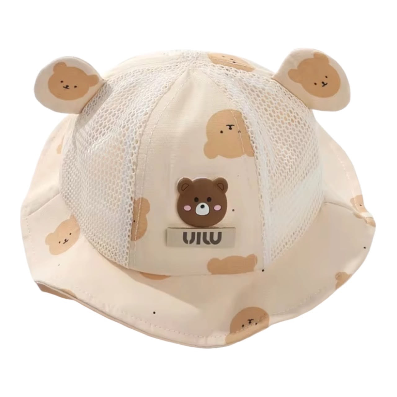 Sombrero de pescador Acüchichi para bebé en color crema con estampado de ositos, orejitas decorativas y malla transpirable