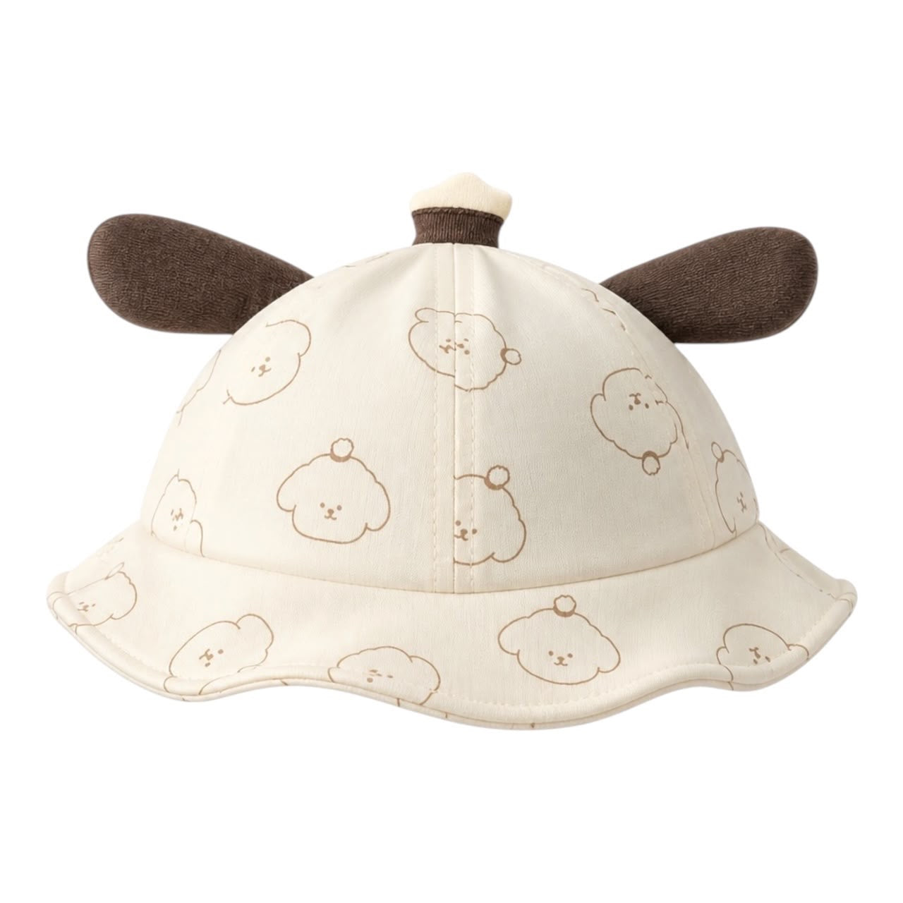 Sombrero tipo pescador Acüchichi para bebé color crema con estampado de perritos y orejas de peluche marrones.
