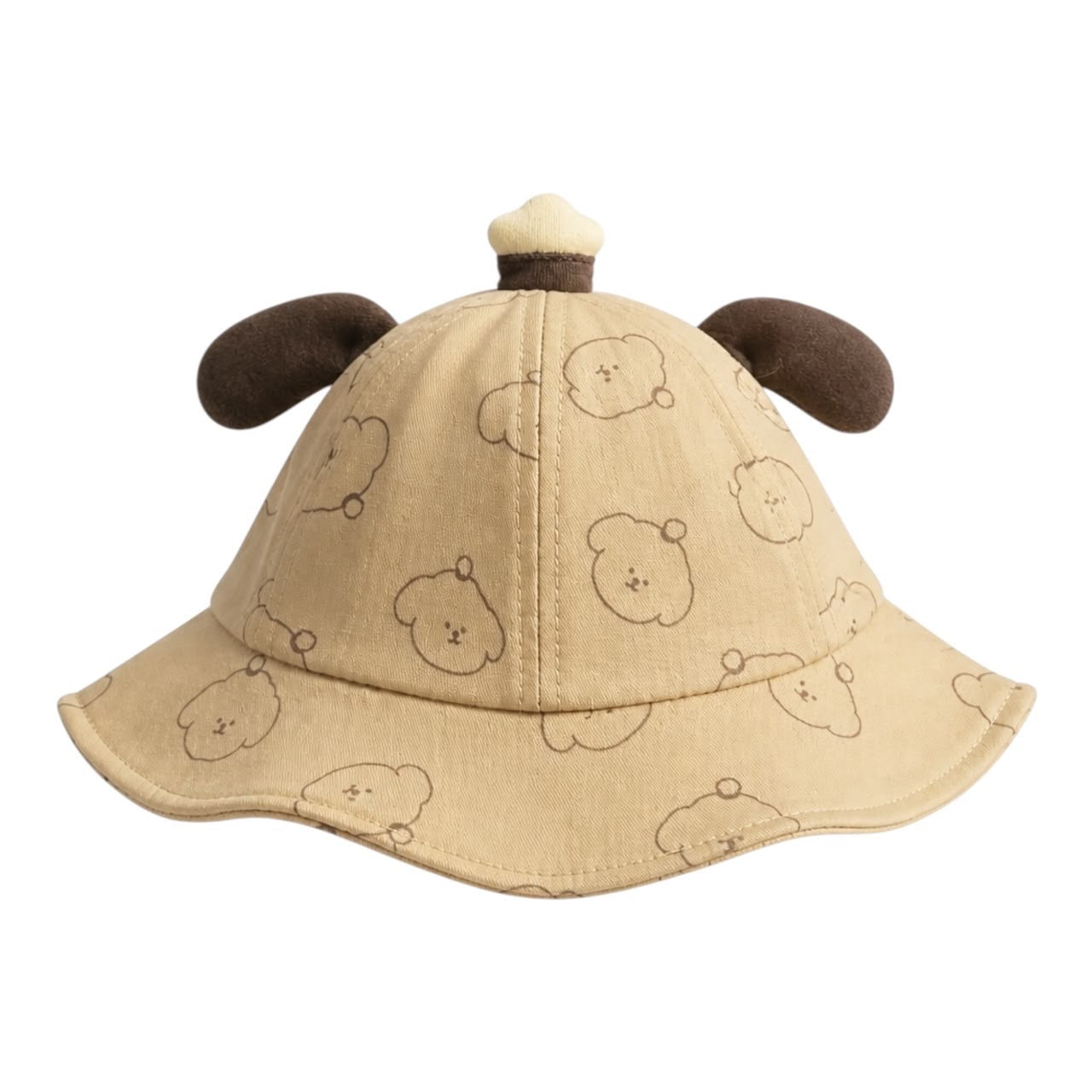 Sombrero tipo pescador Acüchichi color beige con estampado de perritos y orejas de peluche para bebé