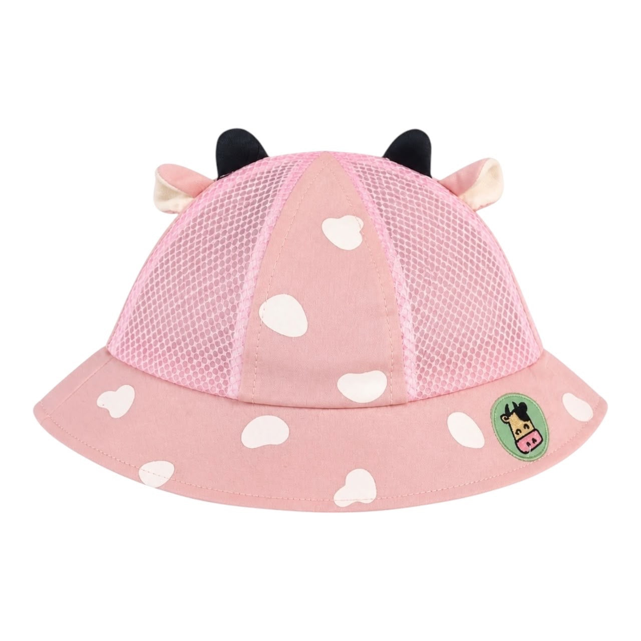 Sombrero de pescador Acüchichi rosa para bebé con estampado de manchas, orejitas de vaquita y paneles de malla fresca.