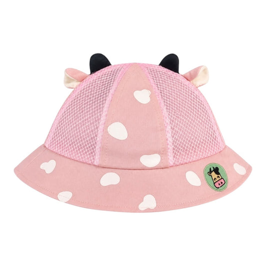 Sombrero de pescador Acüchichi rosa para bebé con estampado de manchas, orejitas de vaquita y paneles de malla fresca.