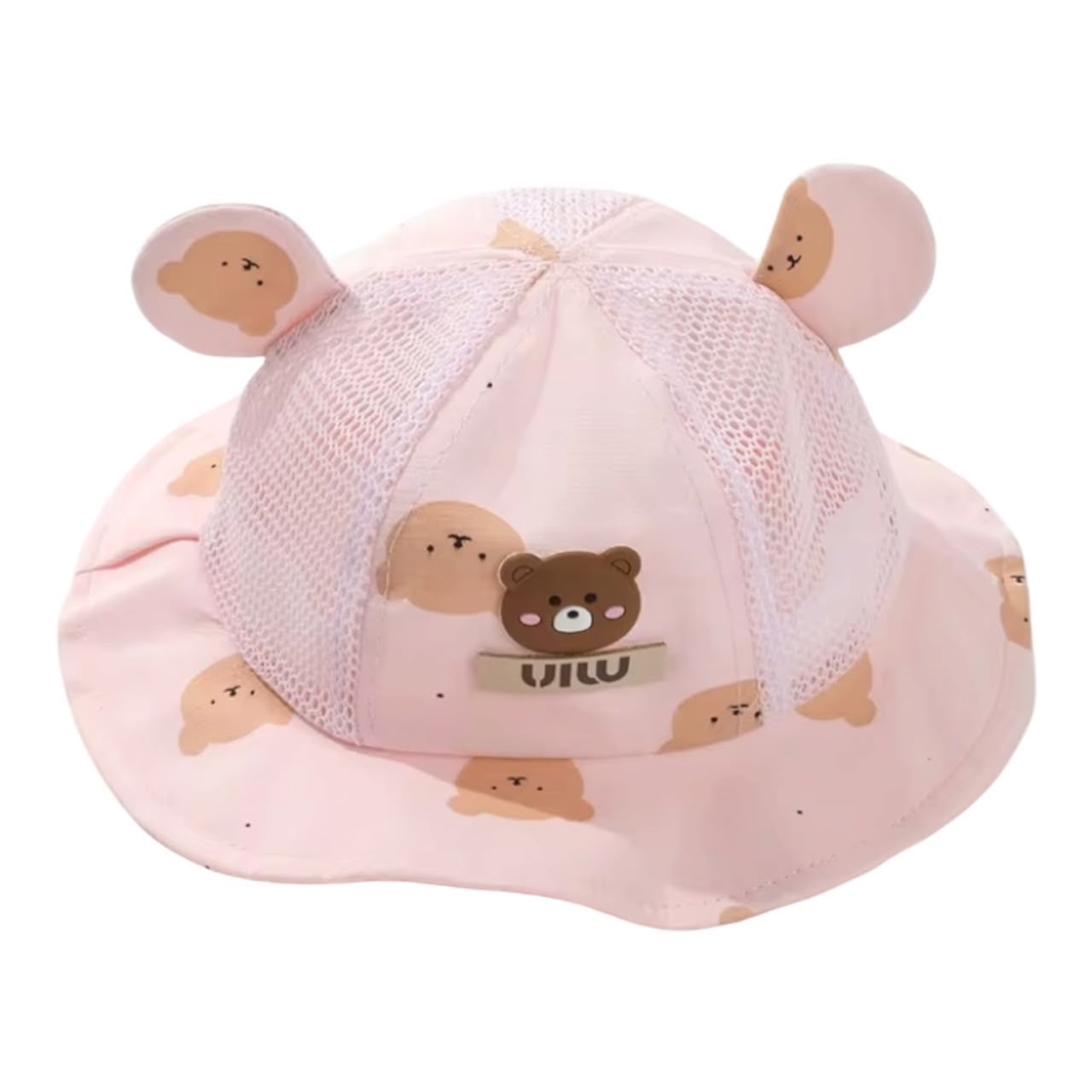 Sombrero de pescador Acüchichi para bebé en color rosa con estampado de ositos, orejitas decorativas y malla transpirable