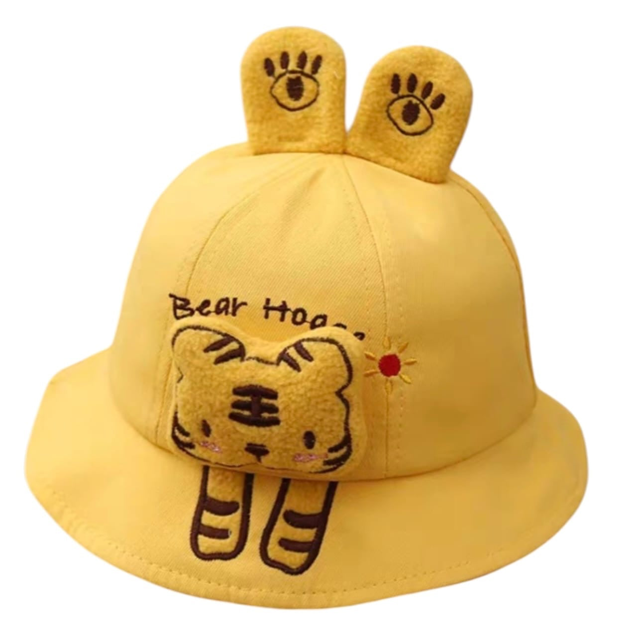 Sombrero tipo pescador Acüchichi amarillo para bebé con diseño de tigre bordado y orejitas decorativas en relieve