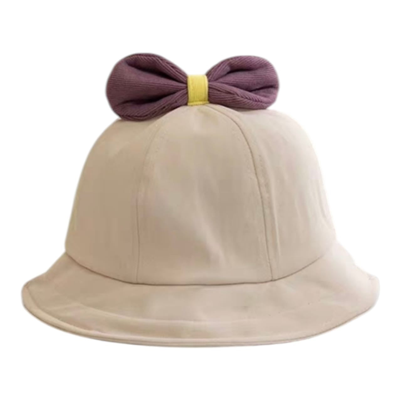 Sombrero tipo pescador Acüchichi color beige para niñas con lazo decorativo morado y amarillo en la parte superior