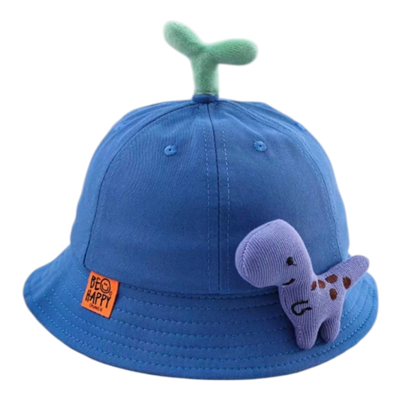 Sombrero pescador azul Acüchichi para niños con dinosaurio de peluche, brote decorativo y etiqueta Be Happy.