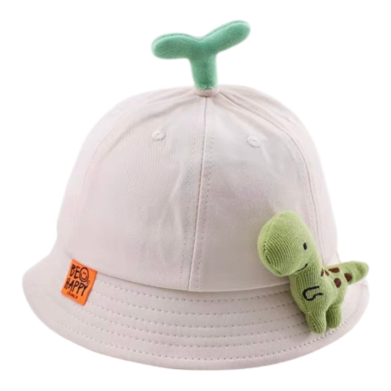 Sombrero pescador Acüchichi color crema para niños con aplique de dinosaurio de peluche y brote verde en la parte superior