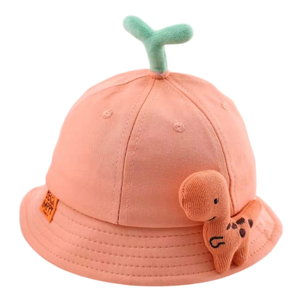 Sombrero pescador infantil Acüchichi color durazno con dinosaurio de peluche, brote decorativo y etiqueta Be Happy
