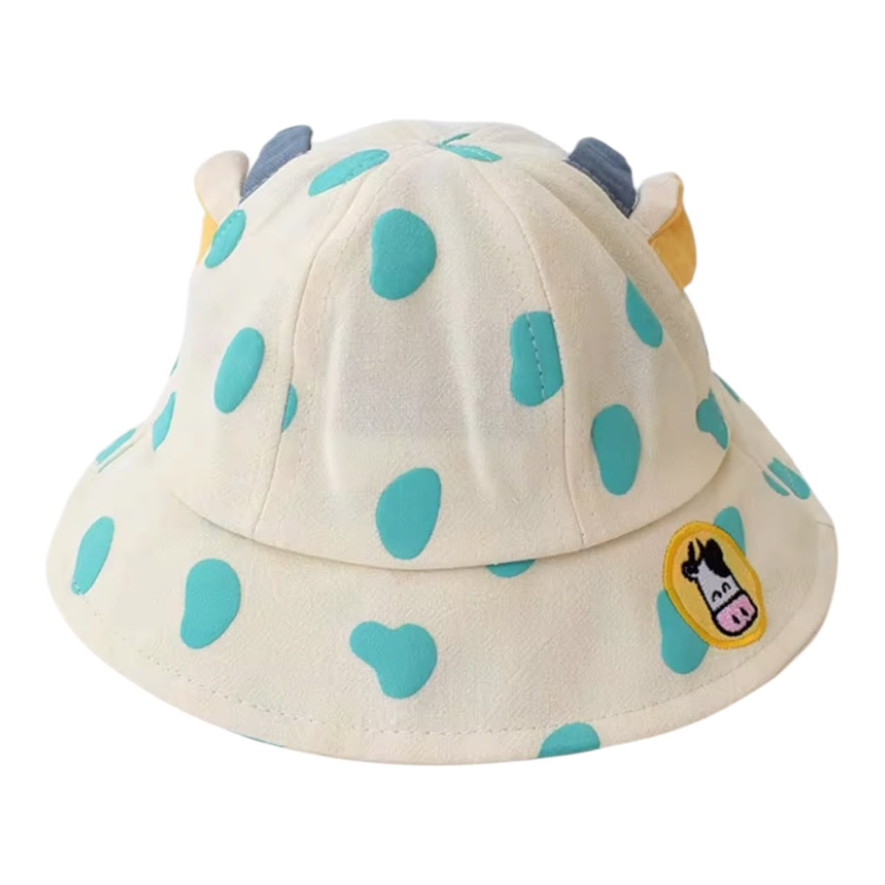 Sombrero tipo pescador Acüchichi para niños, color crema con manchas turquesas, cuernos decorativos y parche de vaca.