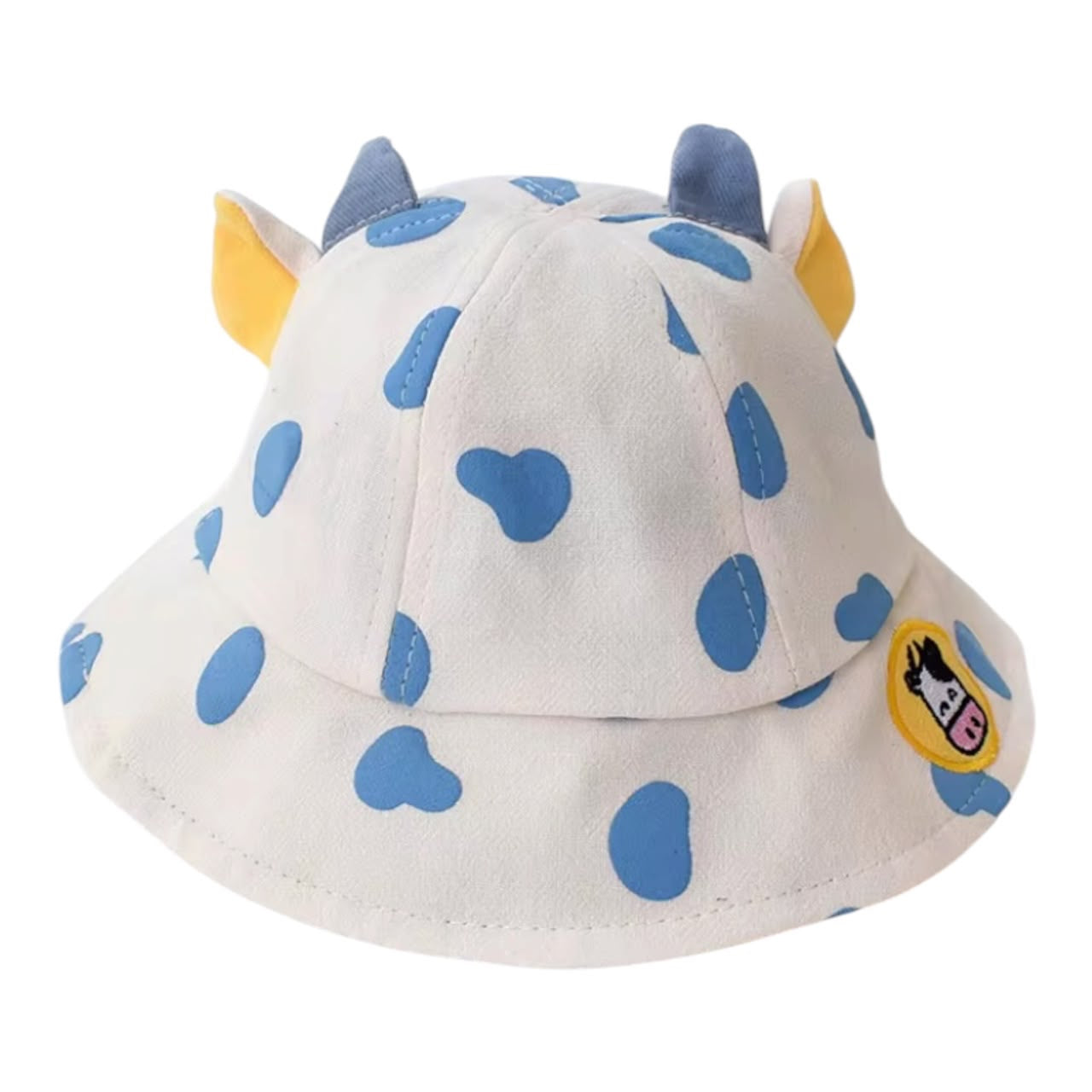 Sombrero tipo pescador Acüchichi para niños con estampado de manchas azules, cuernos decorativos y parche de vaquita.