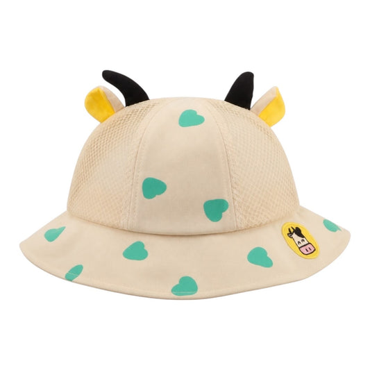 Sombrero pescador Acüchichi color crema con corazones verde menta, orejas amarillas, cuernos negros y parche de vaquita