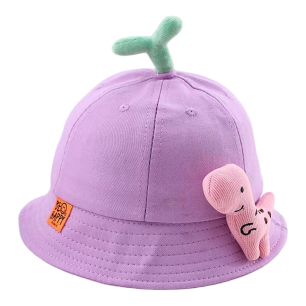 Sombrero pescador Acüchichi morado para niños con aplique de dinosaurio de peluche y detalle de brote superior