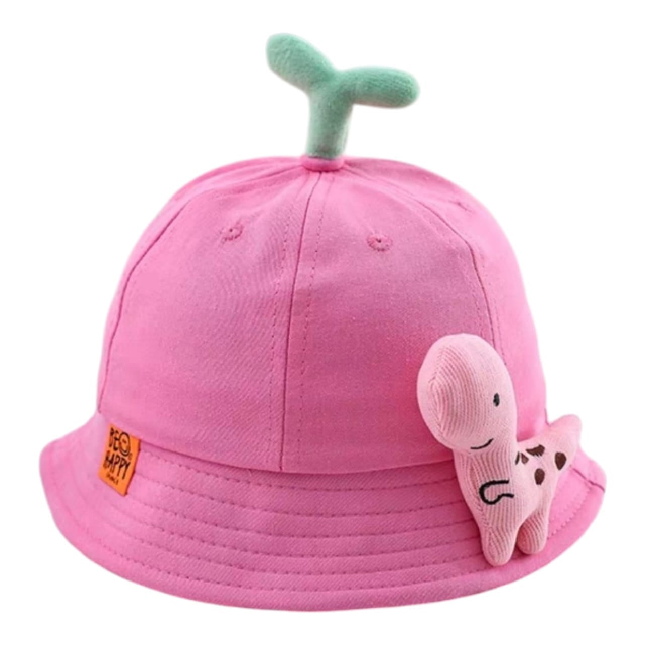 Sombrero pescador rosa Acüchichi para niños con aplique de dinosaurio de peluche y brote decorativo en la parte superior