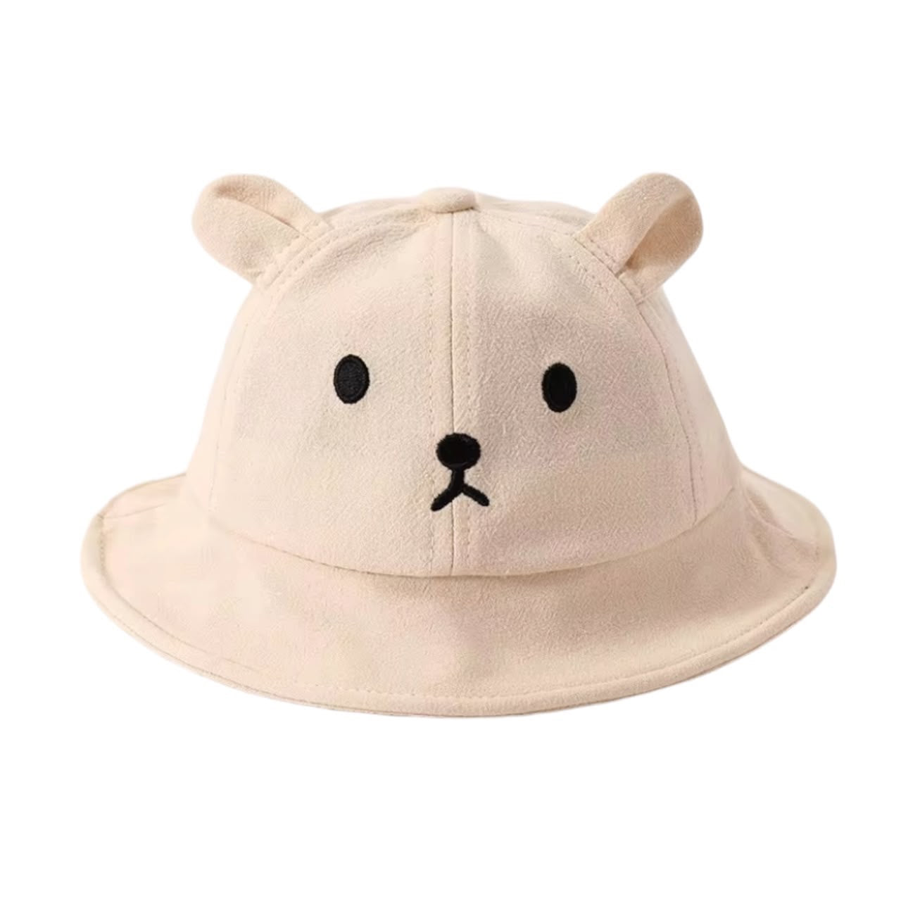 Sombrero pescador Acüchichi color beige para niños con diseño de osito, orejas sobresalientes y bordado detallado.