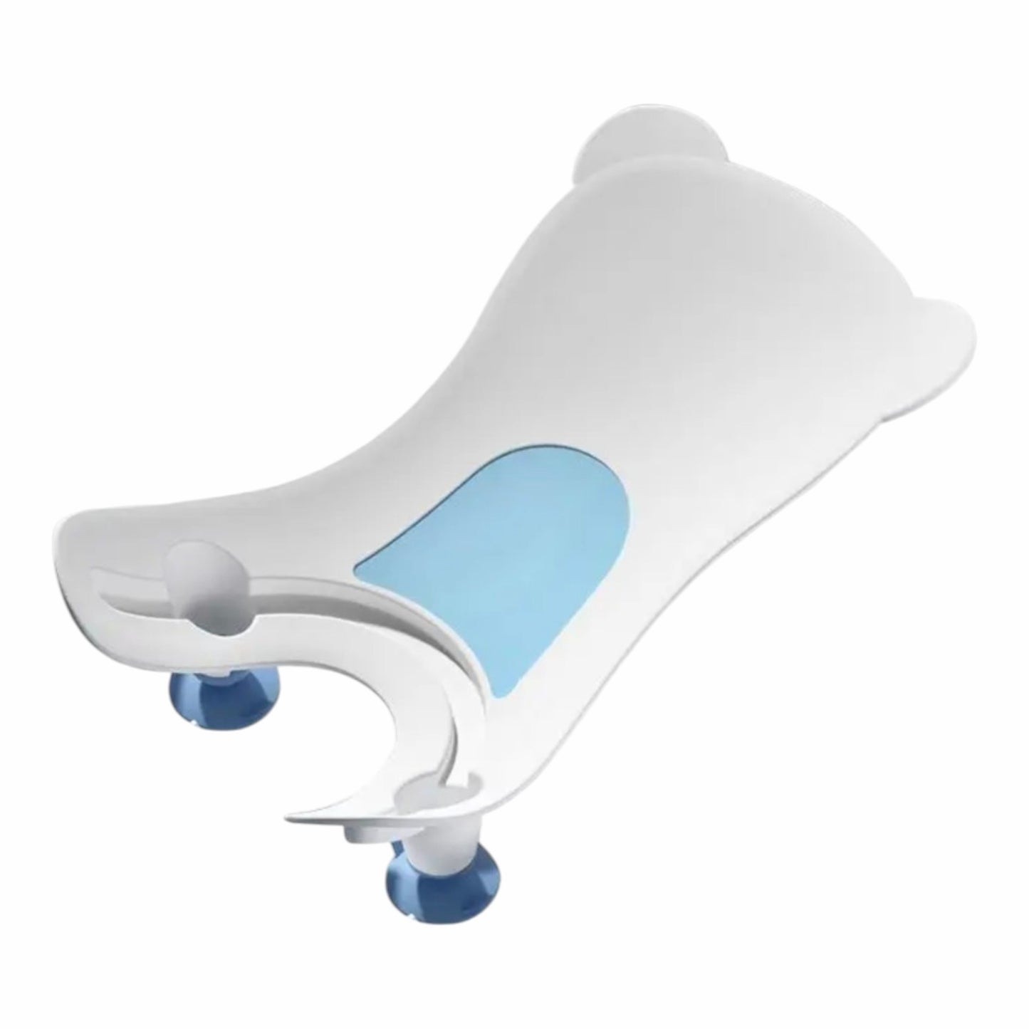 Soporte de baño ergonómico Acüchichi para bebés con forma de osito, color blanco y azul con ventosas antideslizantes.
