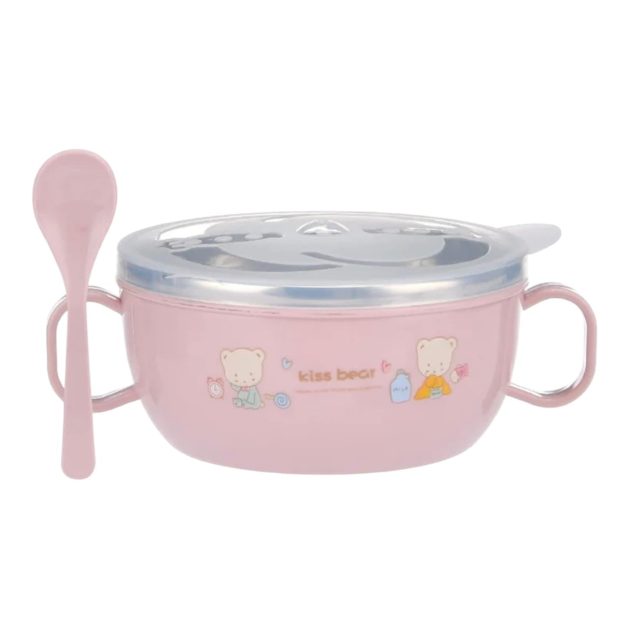 Tazón infantil Acüchichi rosa con diseño de osito, interior de acero inoxidable, tapa hermética y cuchara incluida.