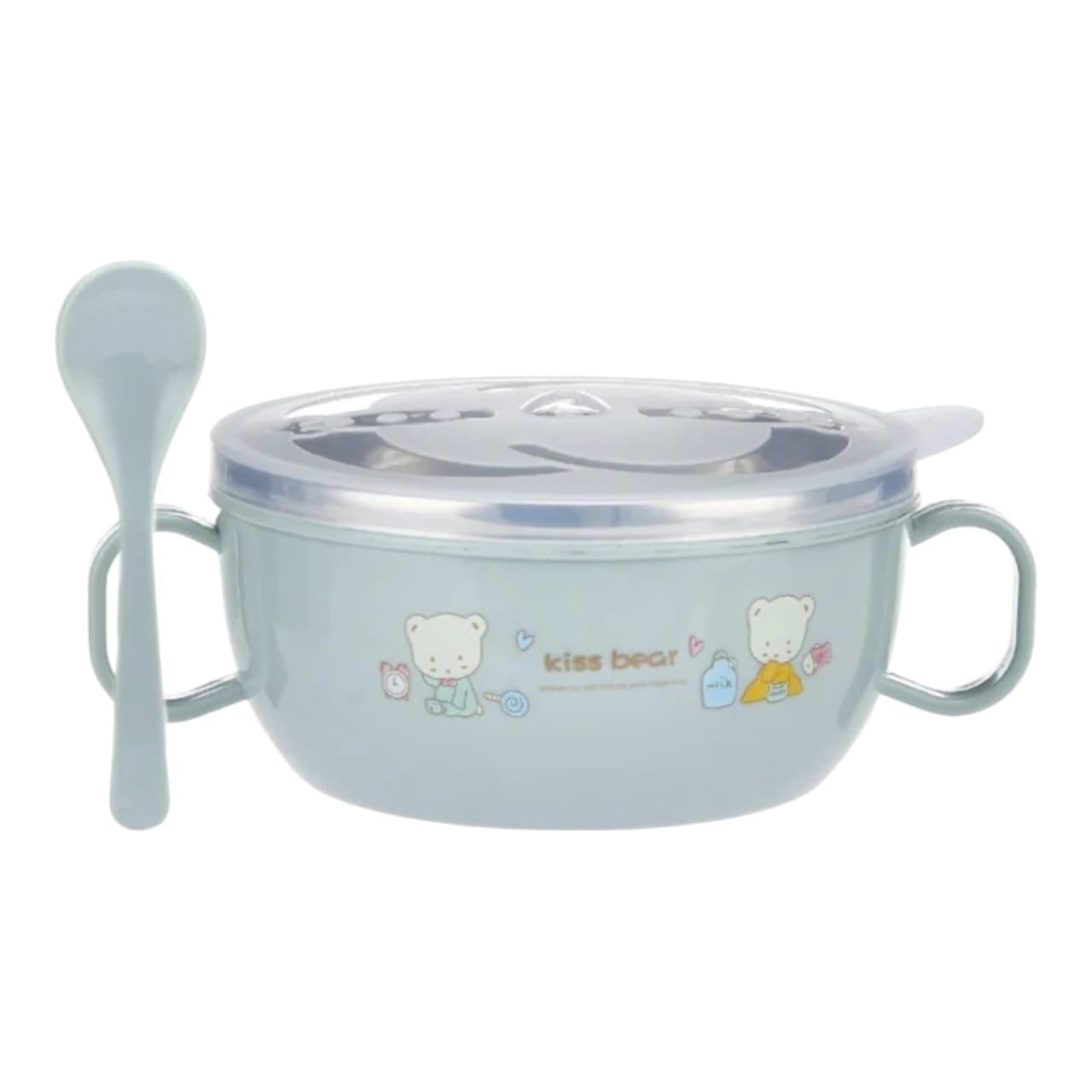 Tazón infantil Acüchichi de acero inoxidable color azul claro con tapa, cuchara y diseño de ositos para bebés.